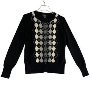 Cashmere Crewneck Cardigan Black Gray Cream Argyle Size S Dark Academia Preppy